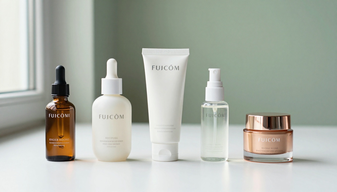 Five premium skincare bottles and jars standing in a row on white acrylic surface against sage green background