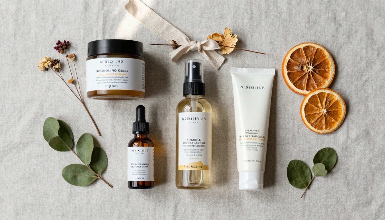 Elegant skincare seasonal collection flat lay on grey linen with dried botanicals, pressed flowers, and ribbon accents