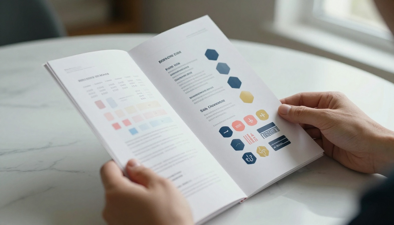 Brand style guide with hex codes and color swatches laid open on a marble desk