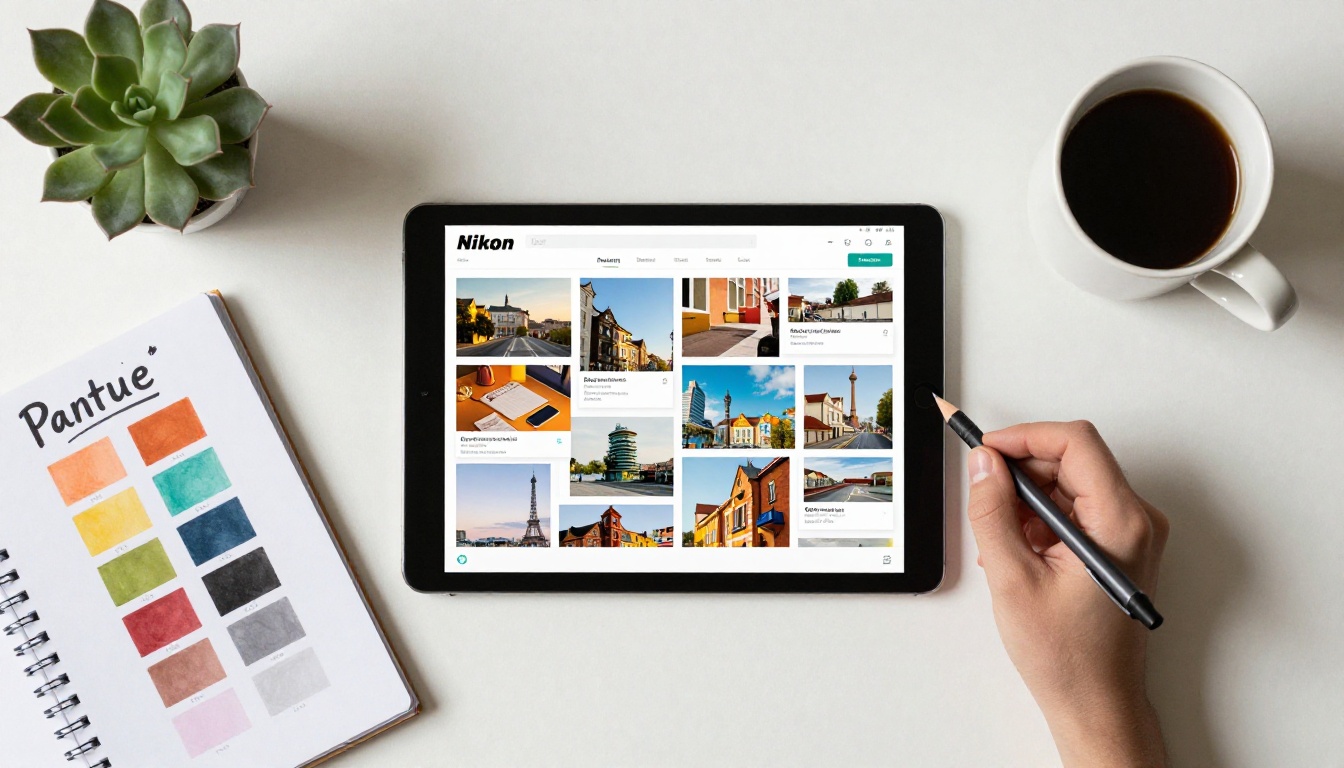 Aerial flat lay of graphic designer workspace with tablet showing flipbook editor, Pantone fan deck, and color notebooks