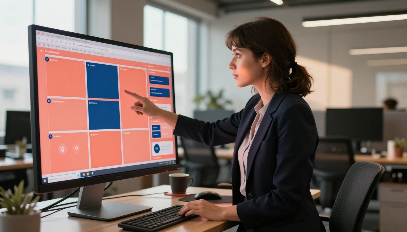 Woman in branding agency pointing at ultrawide monitor showing branded flipbook with coral and navy color scheme
