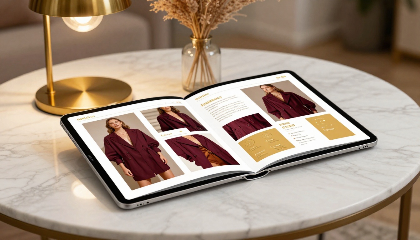 Branded flipbook displayed on iPad Pro on marble coffee table showing burgundy and gold fashion lookbook
