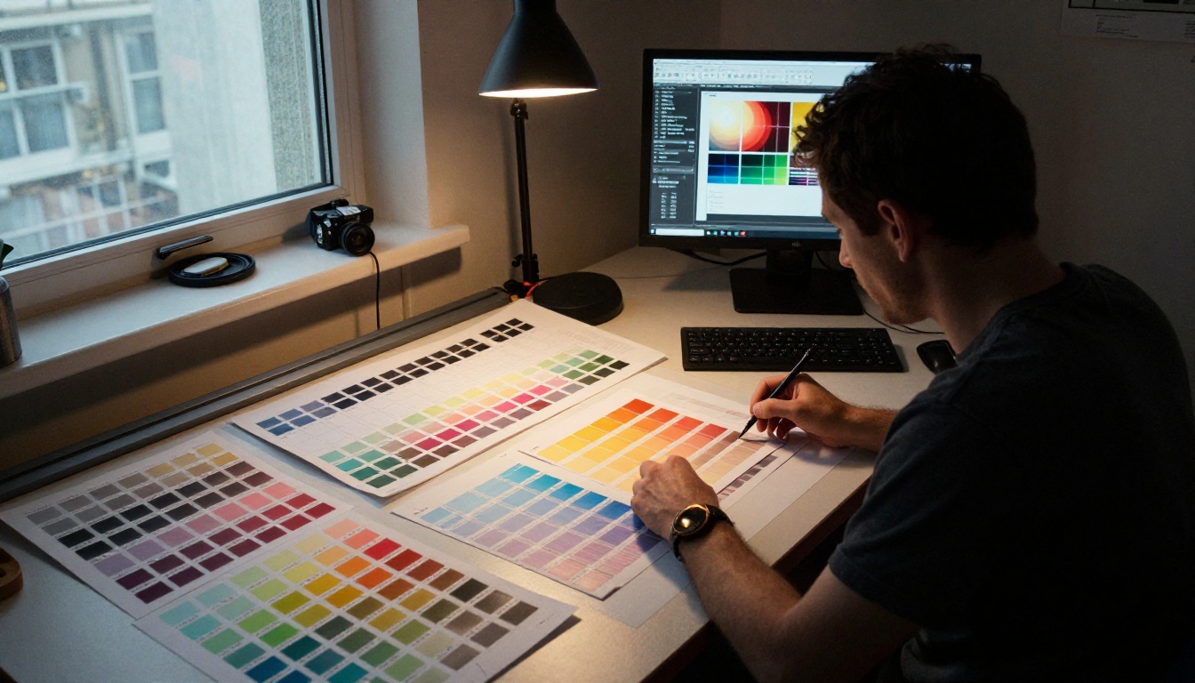 Print designer at backlit light table reviewing color proofs with Pantone swatches and digital flipbook monitor Print designer at backlit light table reviewing color proofs with Pantone swatches and digital flipbook monitor