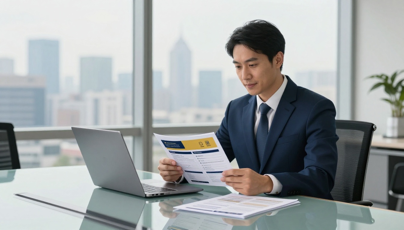 Real estate agent in navy suit reviewing branded navy and gold property brochure flipbook on laptop at glass conference table Real estate agent in navy suit reviewing branded navy and gold property brochure flipbook on laptop at glass conference table
