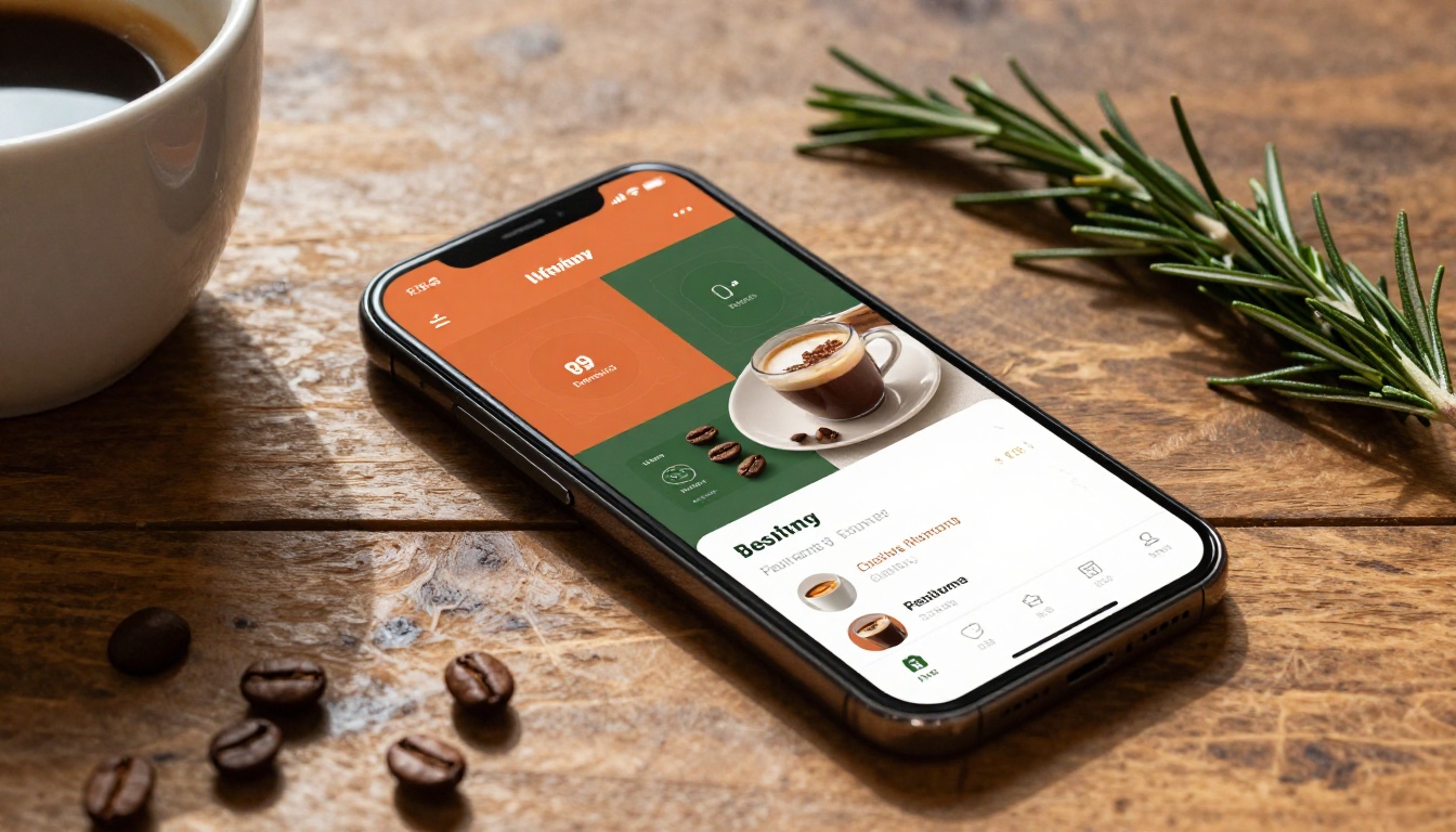 Smartphone showing mobile-responsive restaurant flipbook with terracotta orange and forest green brand colors beside espresso cup Smartphone showing mobile-responsive restaurant flipbook with terracotta orange and forest green brand colors beside espresso cup