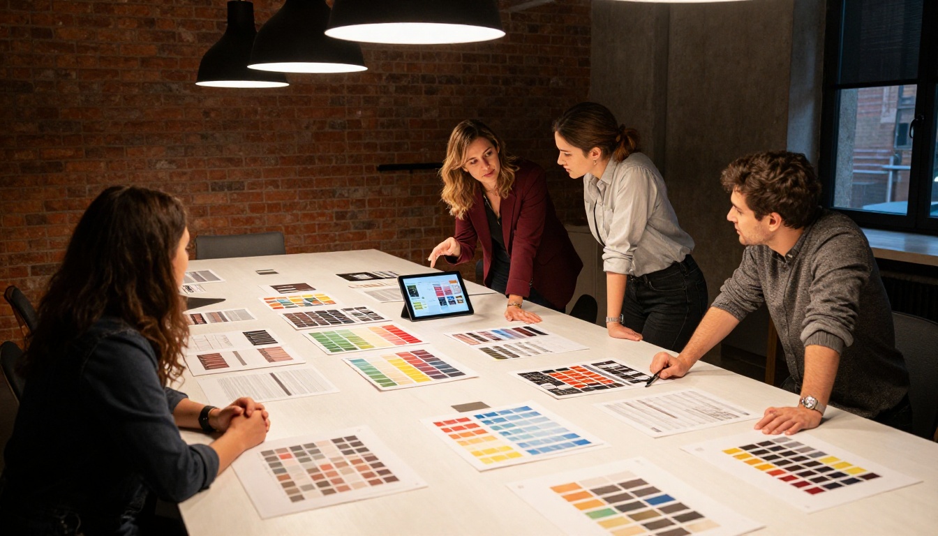 Creative team of three reviewing brand mood boards and printed flipbook mockups at conference table in brick-walled studio Creative team of three reviewing brand mood boards and printed flipbook mockups at conference table in brick-walled studio