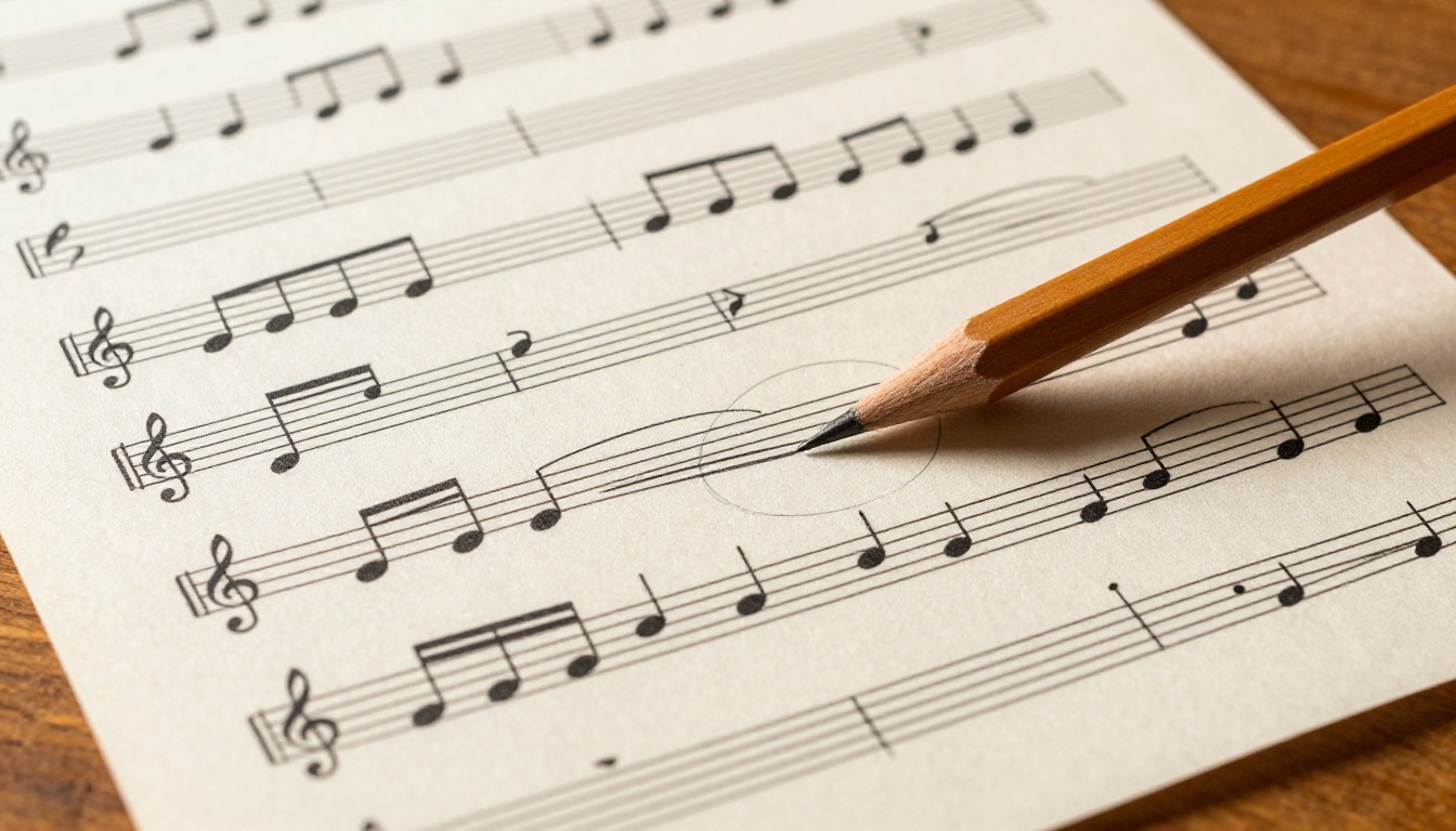 Close-up macro shot of printed sheet music notation on cream paper with pencil annotations and directional morning light