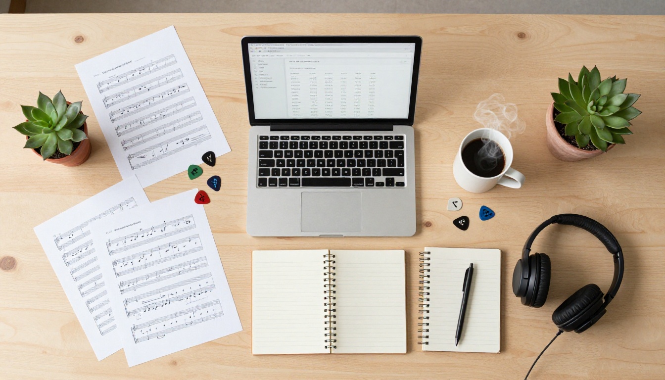 Aerial flat-lay of musician's creative workspace with sheet music, laptop showing sales dashboard, headphones, and coffee