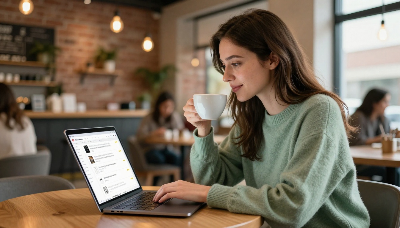Young woman browsing an online sheet music marketplace on a laptop at a warm café with brick walls and ambient lighting
