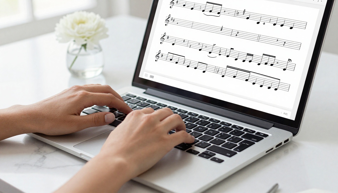 Feminine hands uploading a sheet music PDF on a white marble desk, MacBook screen showing notation clearly