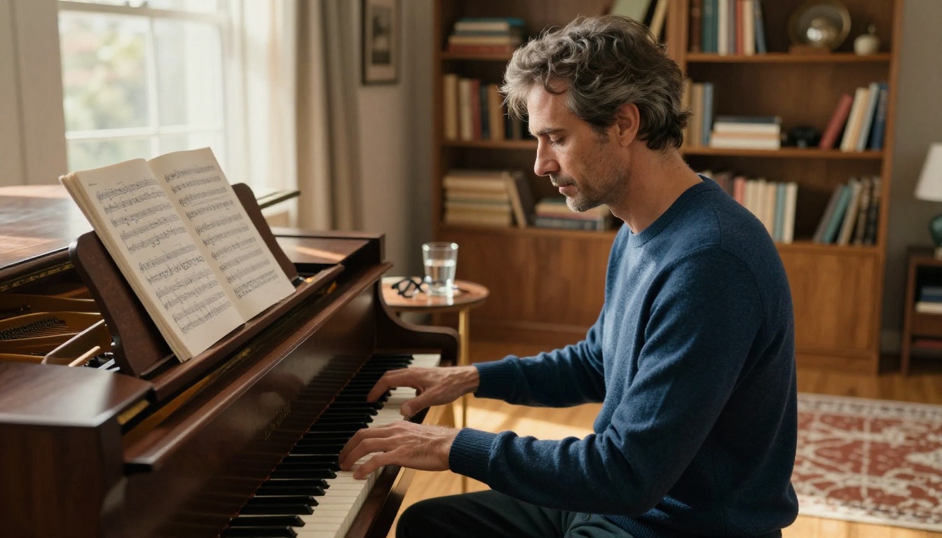 Pianist playing an upright walnut piano with sheet music open on the stand in a cozy warmly-lit living room
