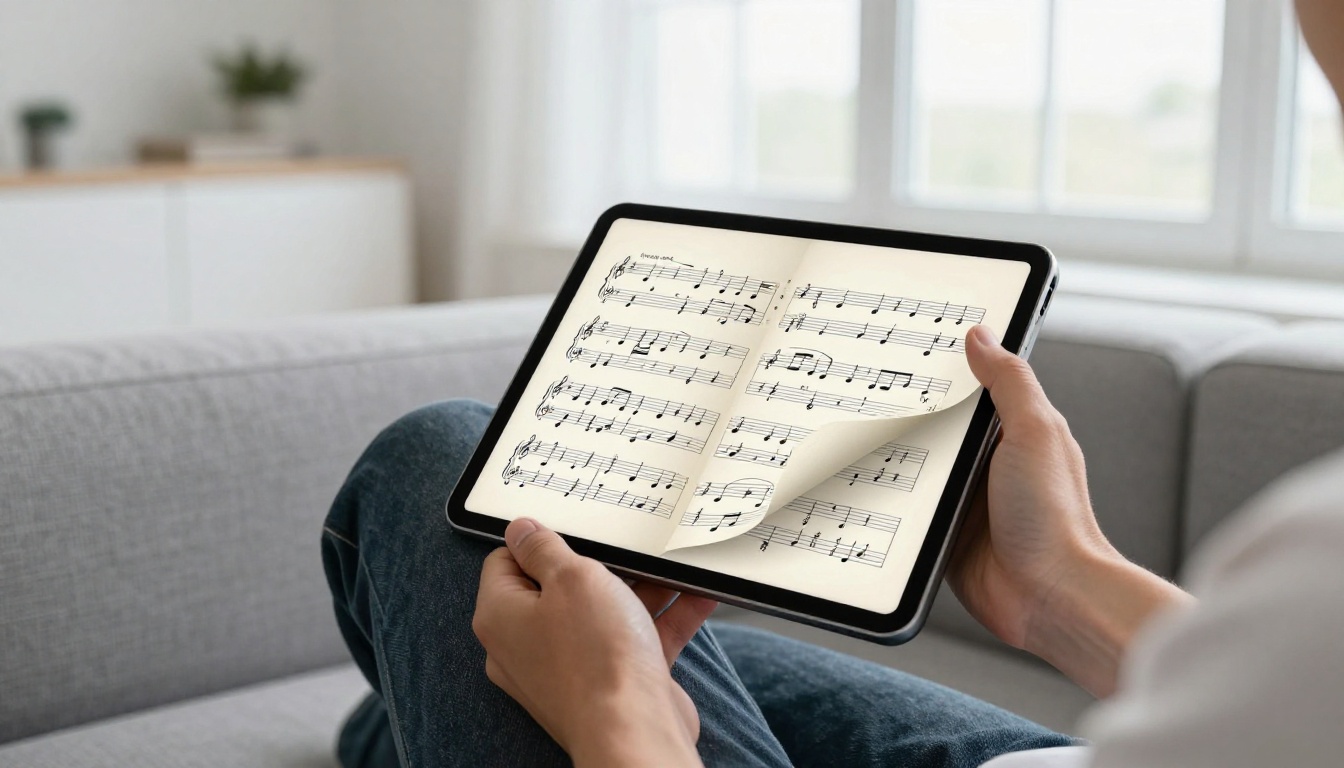 Person holding a tablet displaying an interactive sheet music flipbook with realistic page-curl animation in a bright modern apartment Person holding a tablet displaying an interactive sheet music flipbook with realistic page-curl animation in a bright modern apartment