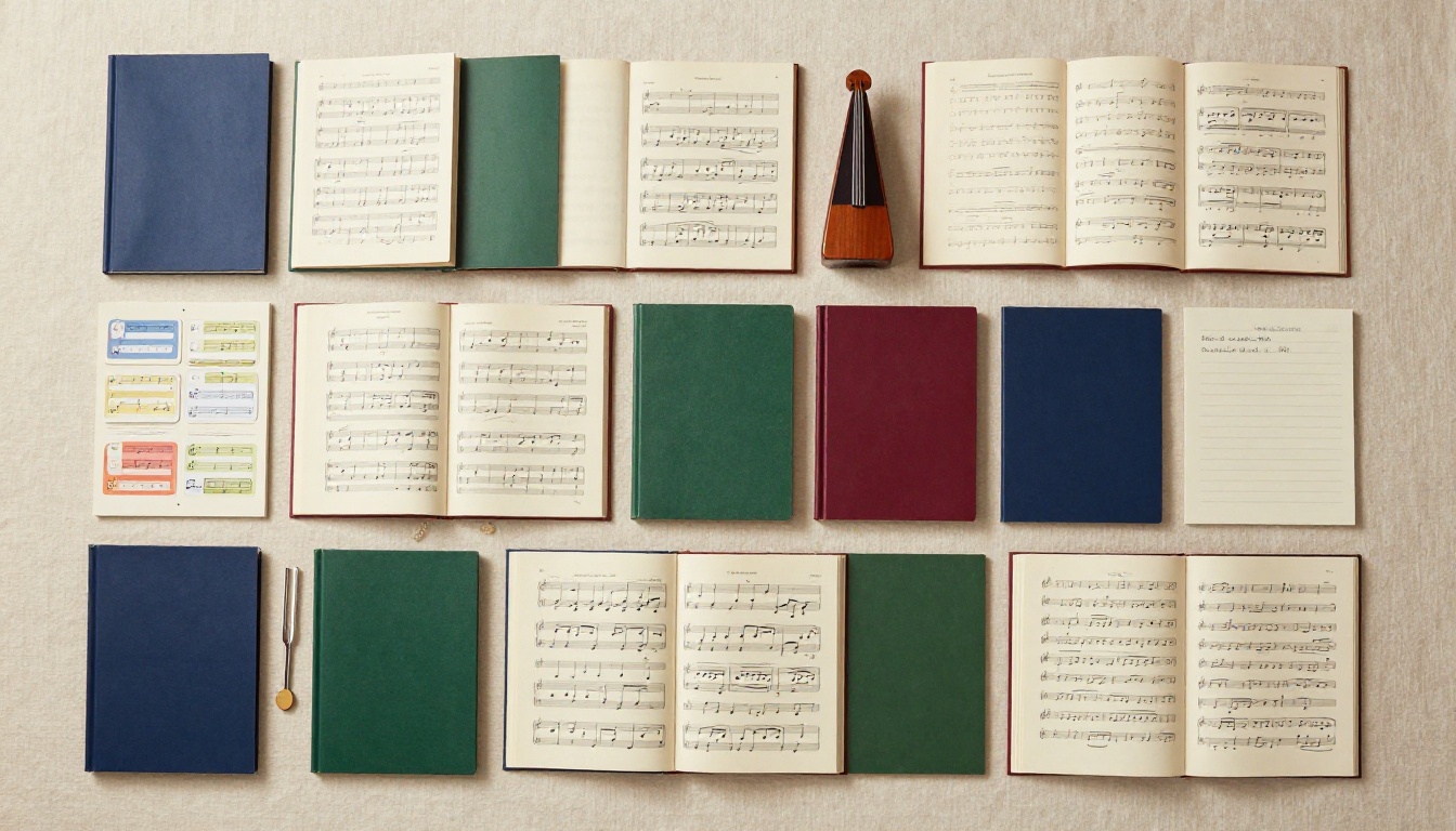 Aerial flat-lay of music score booklets in jewel-tone covers, metronome, tuning fork, and flashcards on cream linen Aerial flat-lay of music score booklets in jewel-tone covers, metronome, tuning fork, and flashcards on cream linen
