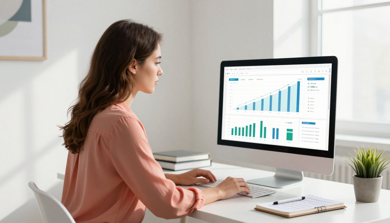 Young woman analyzing sheet music sales analytics on a large desktop monitor in a bright minimalist home office Young woman analyzing sheet music sales analytics on a large desktop monitor in a bright minimalist home office