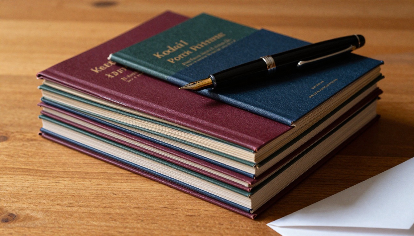 Neat stack of premium sheet music booklets in burgundy, green, and navy covers with a gold-nibbed fountain pen on warm honey wood Neat stack of premium sheet music booklets in burgundy, green, and navy covers with a gold-nibbed fountain pen on warm honey wood