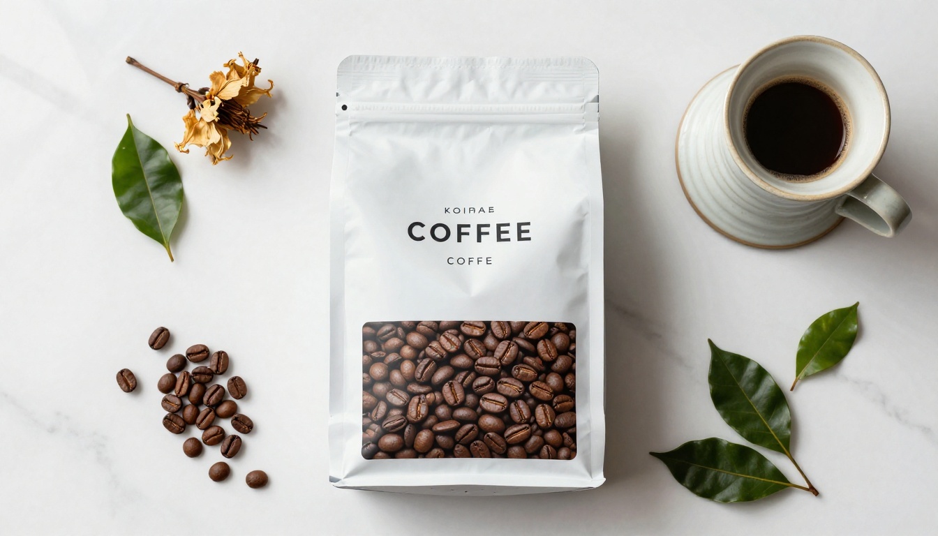 Coffee brand lookbook spread open on marble surface showing product photography and Ethiopian coffee beans