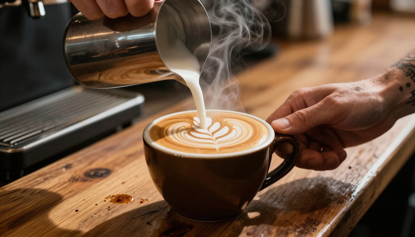 Barista pouring latte art rosetta pattern into a dark ceramic cup with warm tungsten light