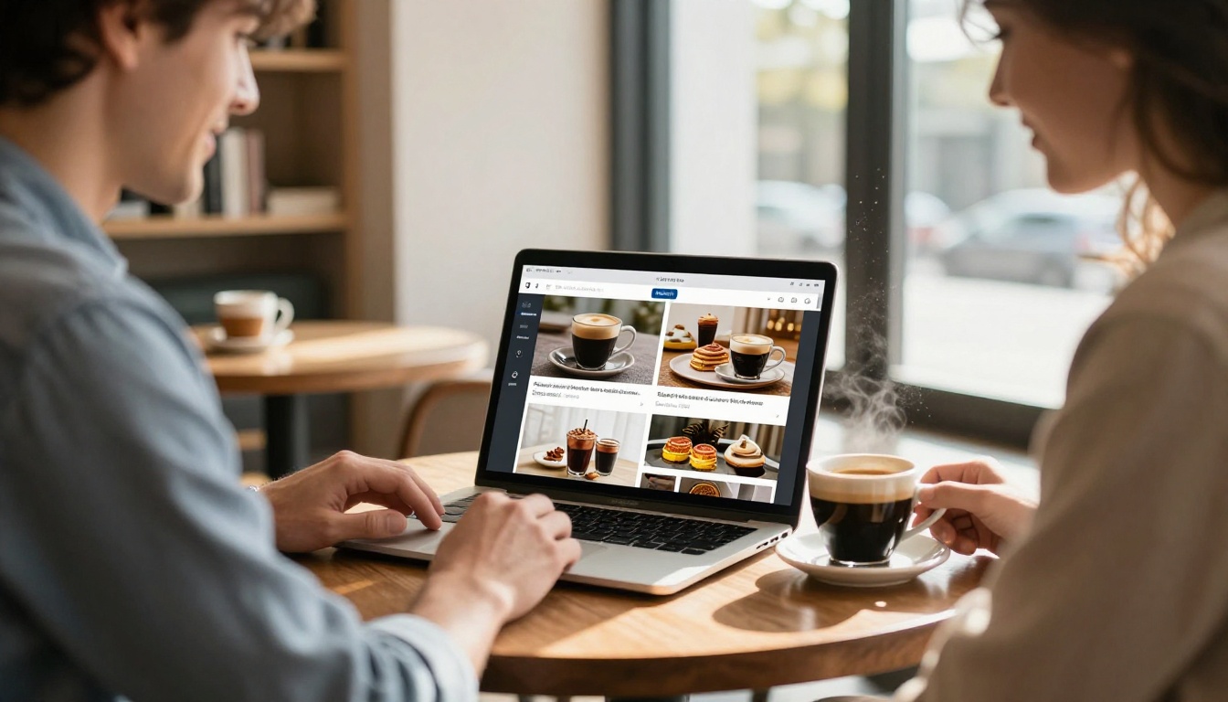 Coffee shop owner in linen shirt reviewing digital flipbook on laptop with espresso cup beside
