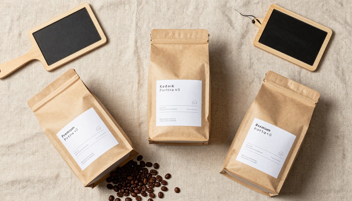 Premium coffee product packaging flat-lay on natural linen with three kraft bags and wooden scoop