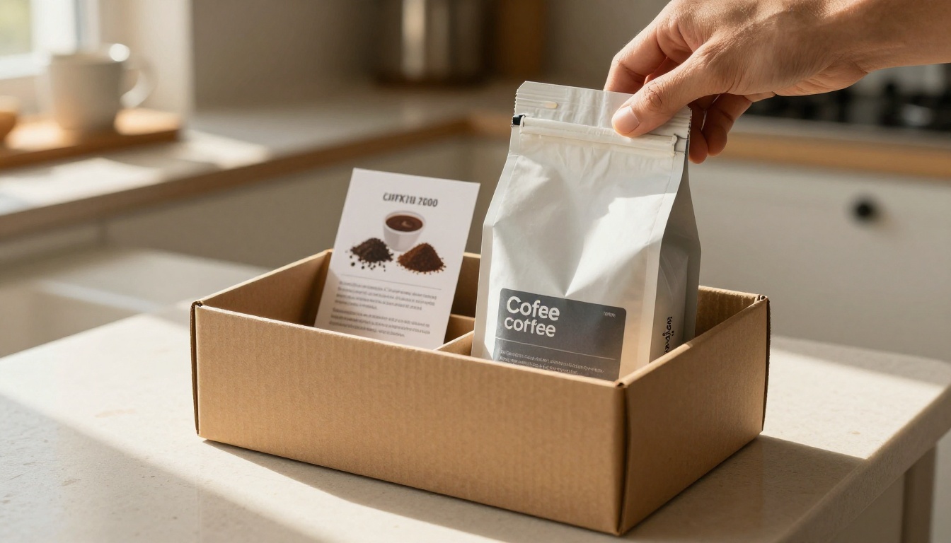Coffee subscription box being opened on kitchen counter revealing coffee bags and tasting booklet inside