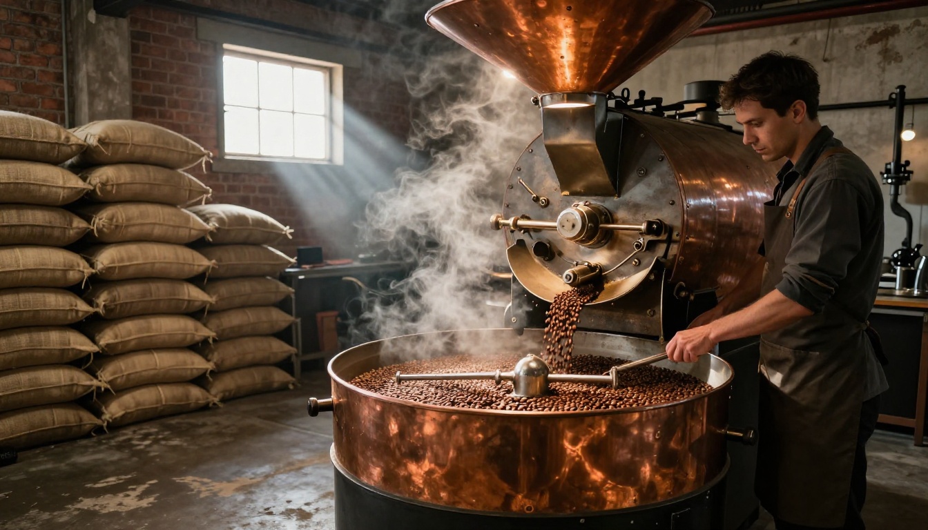 Coffee roasting facility interior with copper drum roaster and burlap sacks stacked against brick wall