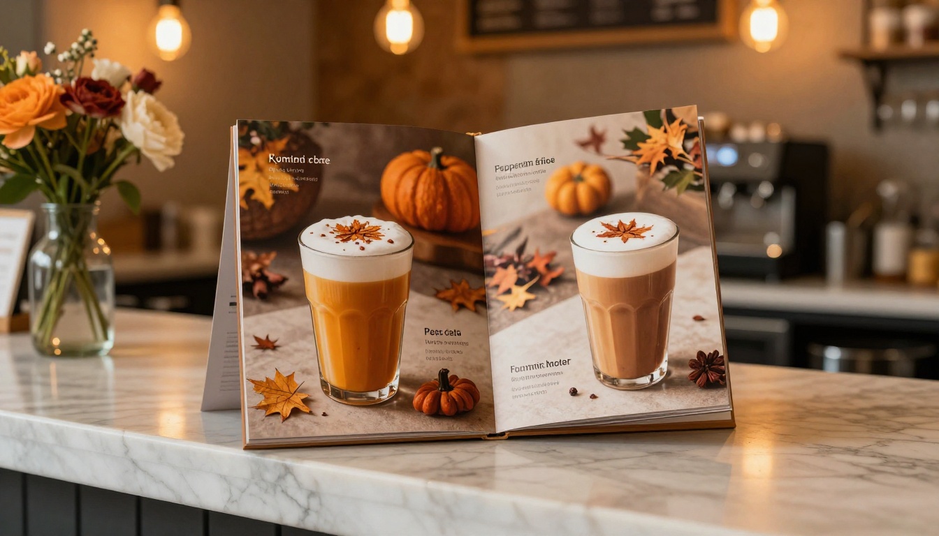 Seasonal coffee menu displayed as open flipbook on marble counter with fresh flowers in vase