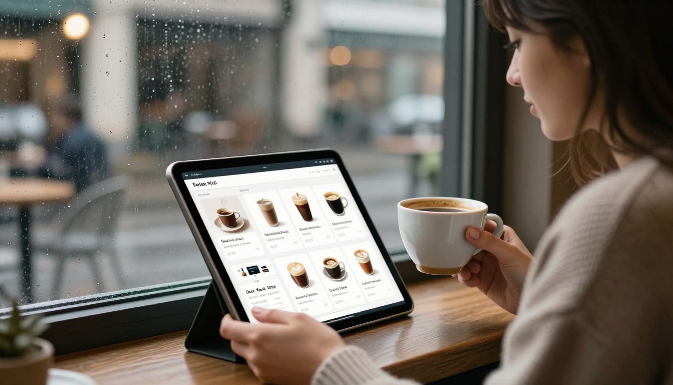 Young woman in knit sweater browsing digital coffee flipbook on tablet in cafe by rainy window
