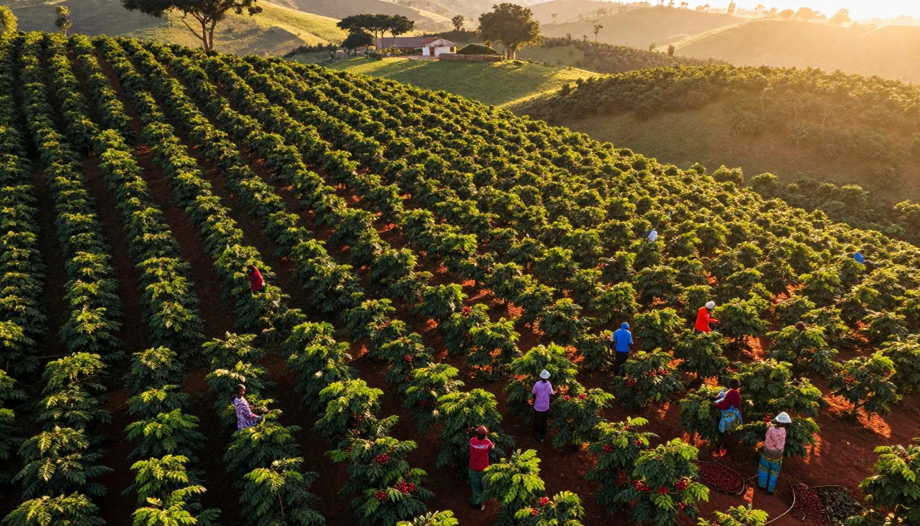Ethiopian coffee farm aerial view at golden hour with workers harvesting red coffee cherries on rolling green hills