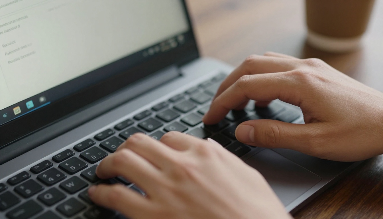 Close-up of hands typing a password on a laptop keyboard with dark walnut desk surface Close-up of hands typing a password on a laptop keyboard with dark walnut desk surface