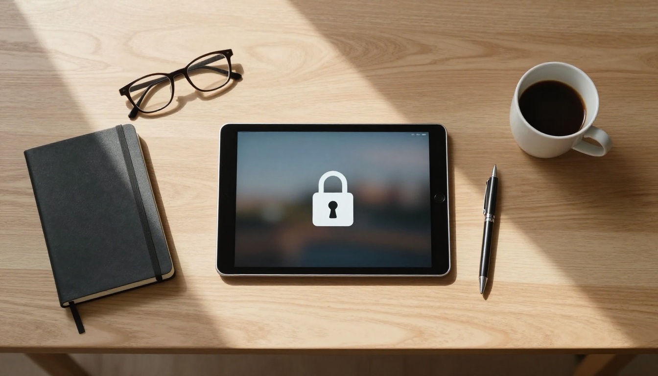 Aerial flat-lay of desk with tablet showing flipbook and lock icon Aerial flat-lay of desk with tablet showing flipbook and lock icon