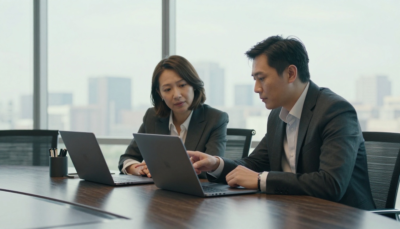 Two colleagues reviewing password-protected document in modern boardroom Two colleagues reviewing password-protected document in modern boardroom