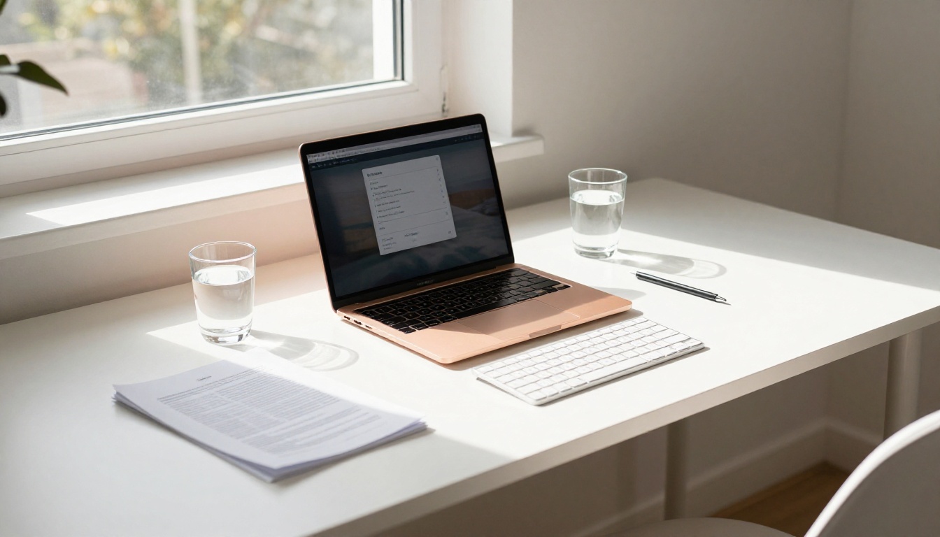 Overhead wide shot of neat home office workspace with open laptop Overhead wide shot of neat home office workspace with open laptop