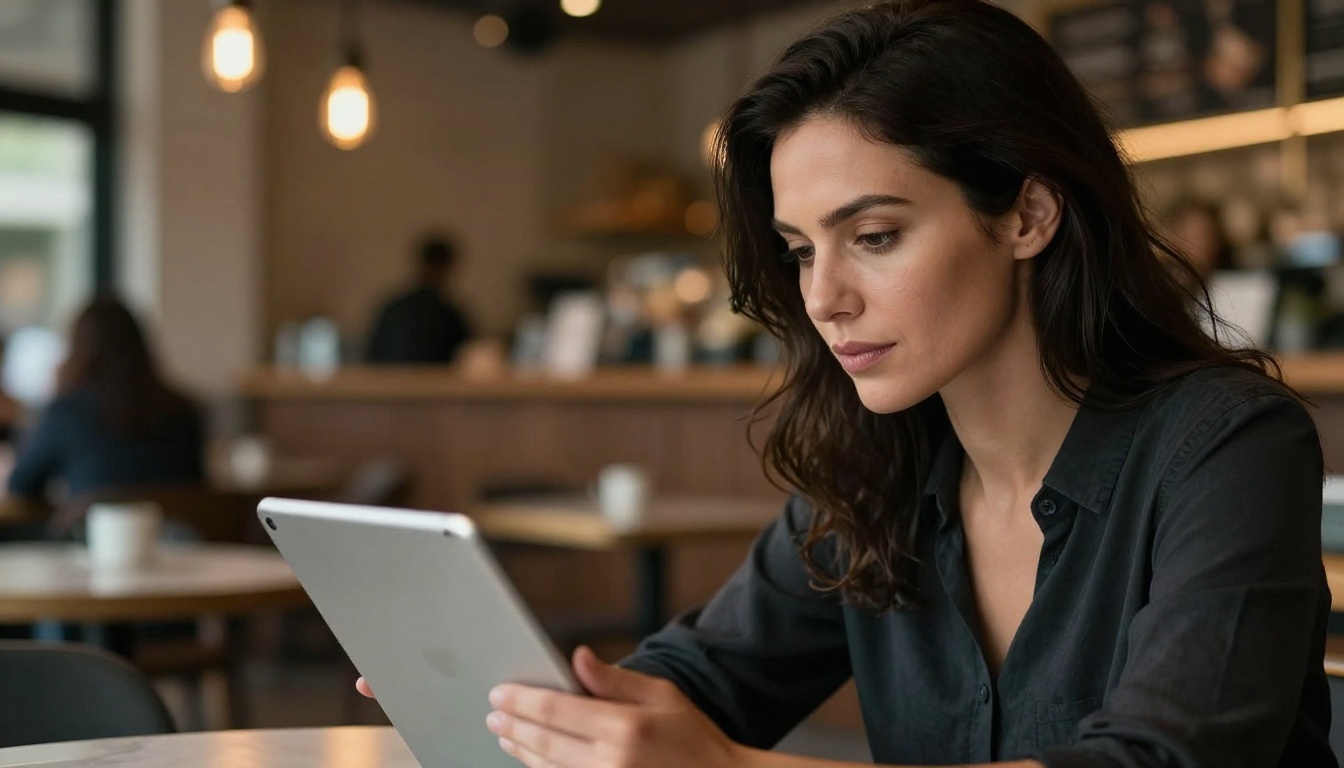 Woman at cafe reviewing private flipbook on silver tablet Woman at cafe reviewing private flipbook on silver tablet