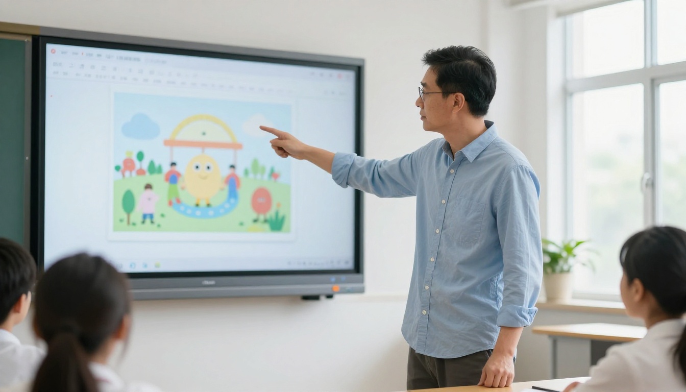 Teacher pointing to digital flipbook on classroom display screen Teacher pointing to digital flipbook on classroom display screen