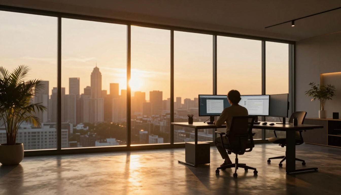 Cinematic wide shot of modern home office at golden hour with dual monitors Cinematic wide shot of modern home office at golden hour with dual monitors