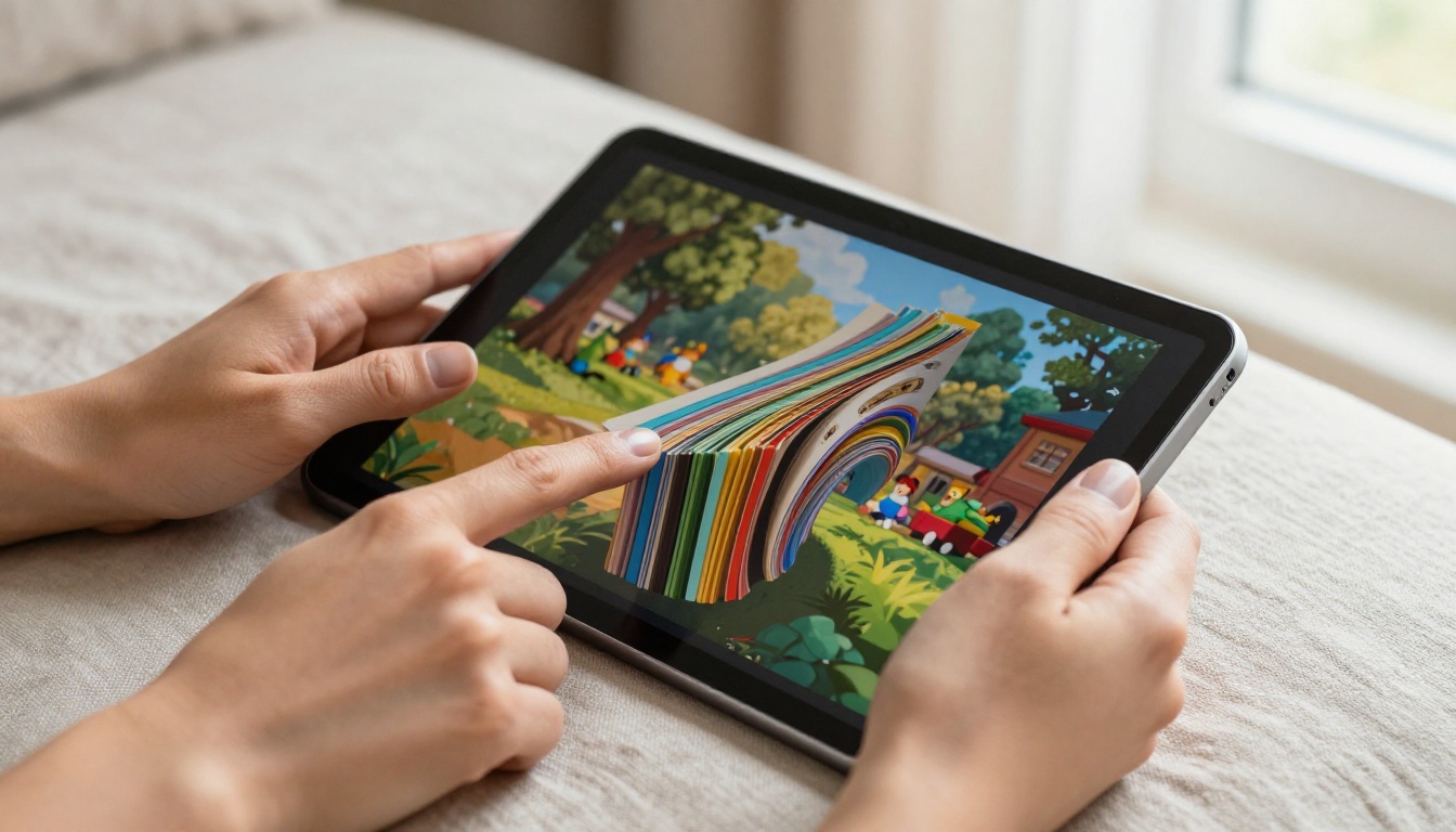 Hands holding tablet displaying colorful digital flipbook with pages mid-turn, soft natural daylight from the right