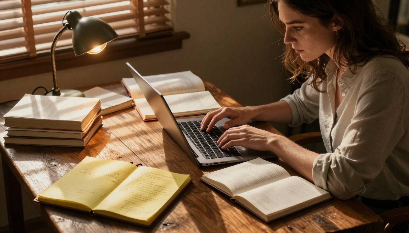 Author at rustic wooden desk surrounded by manuscripts and open books, golden afternoon light cutting through blinds