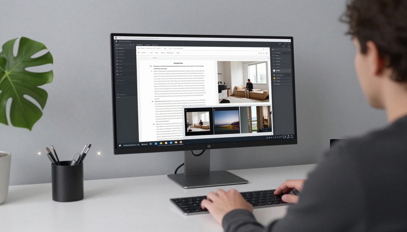 Over-the-shoulder view of person at white minimalist desk with large monitor showing PDF alongside digital flipbook interface, soft overhead lighting, monstera plant in corner