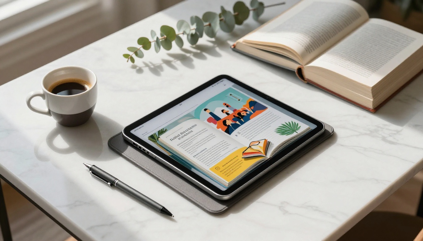 iPad Pro on white marble table beside an espresso cup, open digital flipbook displaying vibrant colorful pages, morning window light