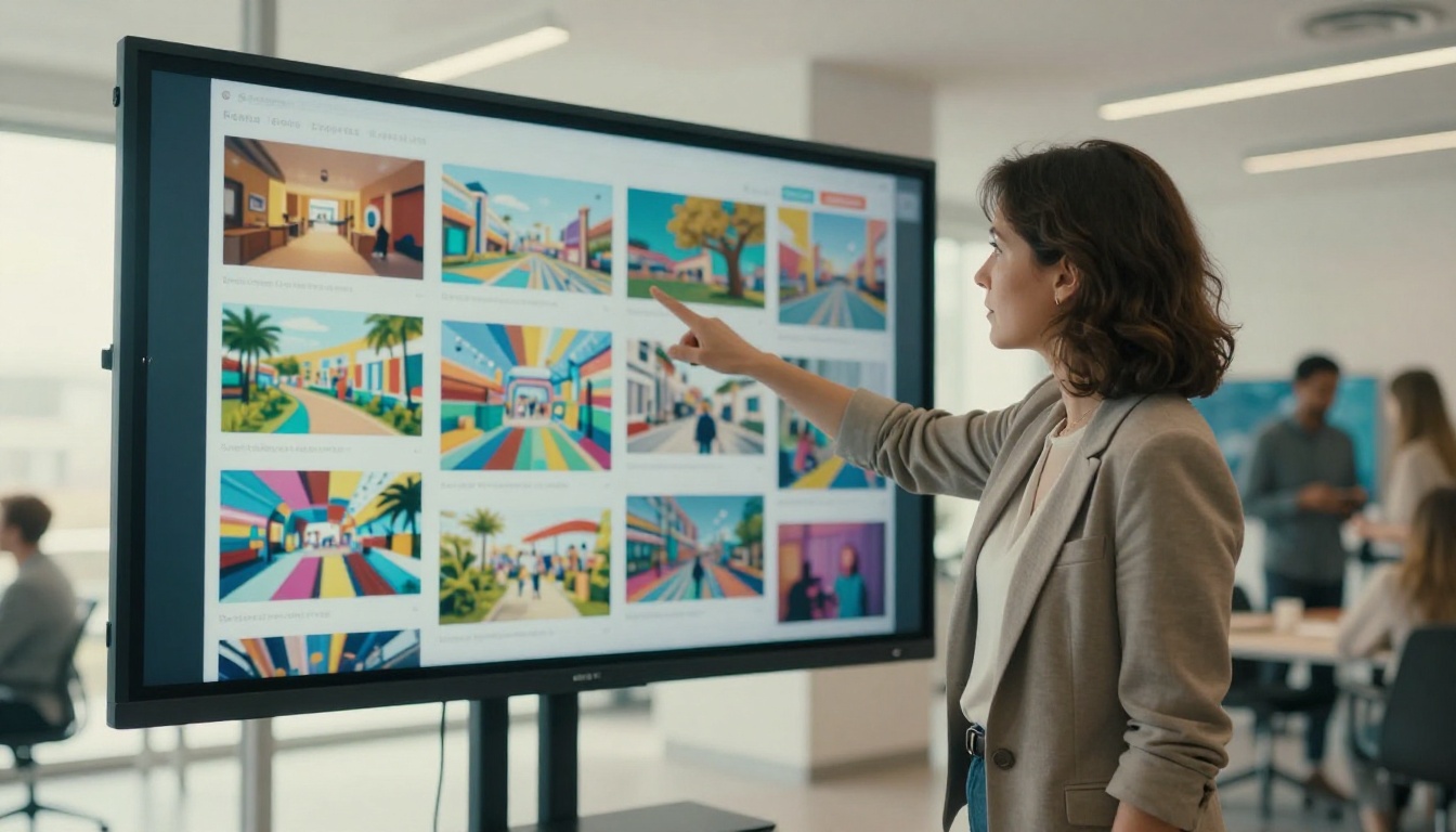 Professional woman in blazer pointing at large presentation screen showing vibrant digital flipbook, bright modern coworking space, floor-to-ceiling windows with diffused midday light