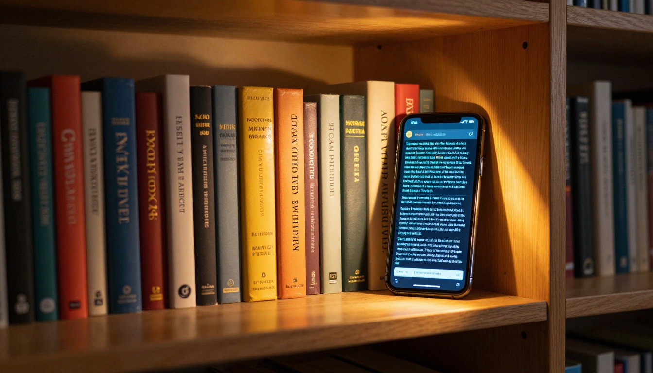 Wooden bookshelf with colorful hardcover books, a smartphone leaning against a spine displaying a glowing digital flipbook, warm incandescent reading lamp casting golden light across the spines
