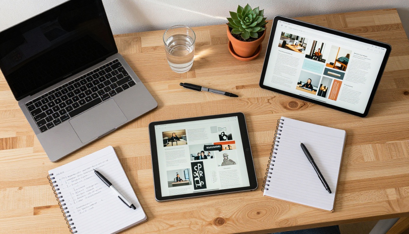 Aerial view of ash wood desk with MacBook Pro, iPad showing digital publication, spiral notebook with handwritten notes, pens and succulent plant, sharp natural skylight overhead
