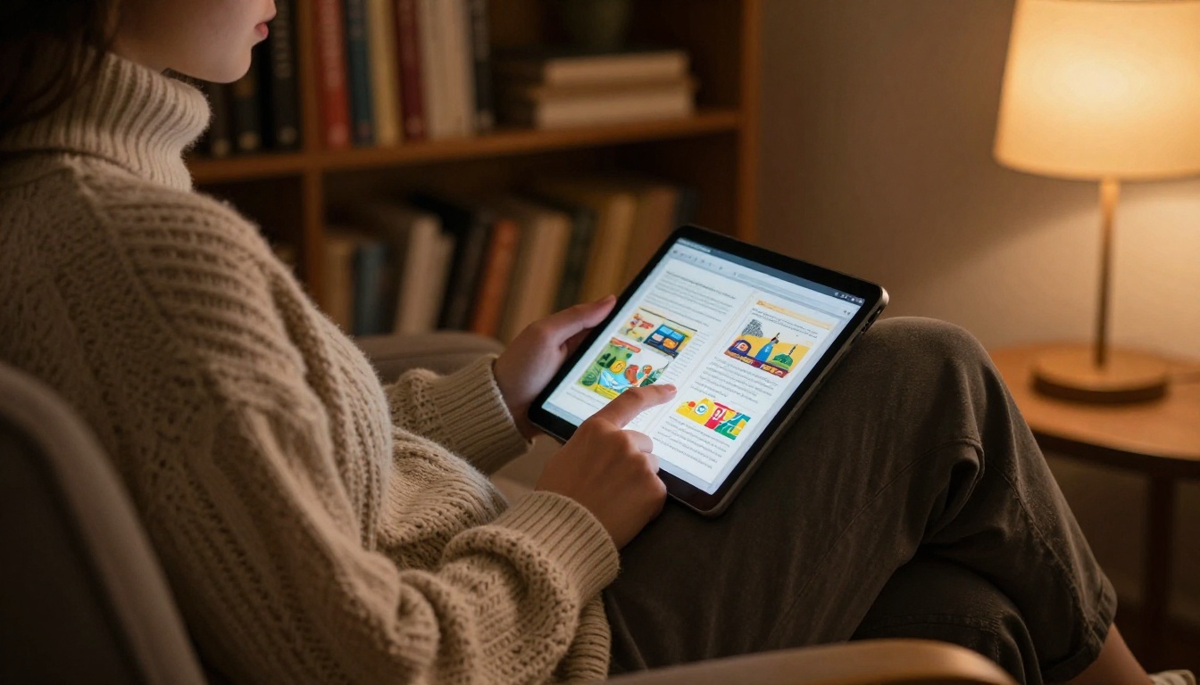 Person in beige cable-knit sweater sitting in armchair reading a tablet with rich colorful flipbook, warm amber floor lamp, bookshelves softly blurred in background