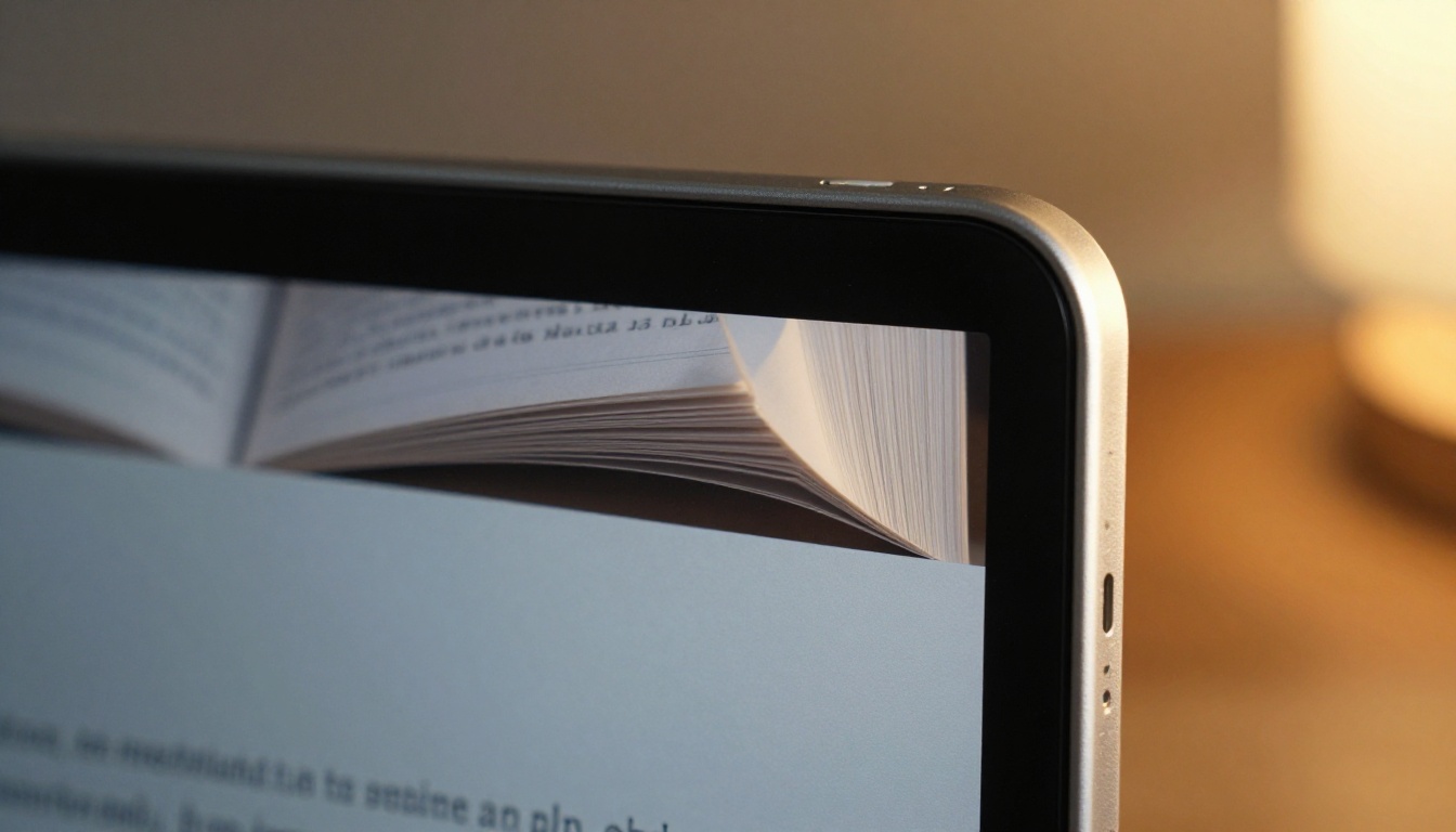Extreme close-up side profile of iPad screen showing flipbook pages mid-turn with a realistic paper curl, golden rim light on the page edge, softly blurred warm home interior background