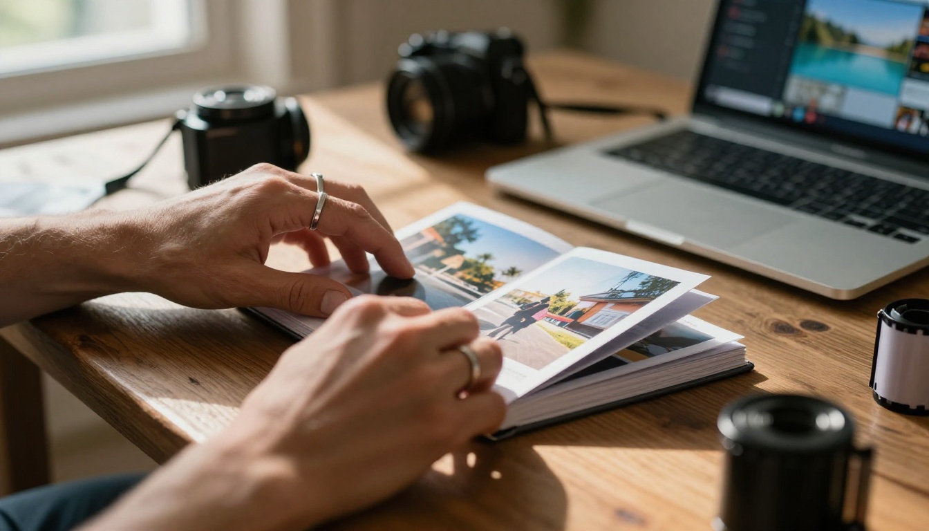 Photographer's hands flipping through a photo album beside a glowing digital flipbook interface Photographer's hands flipping through a photo album beside a glowing digital flipbook interface