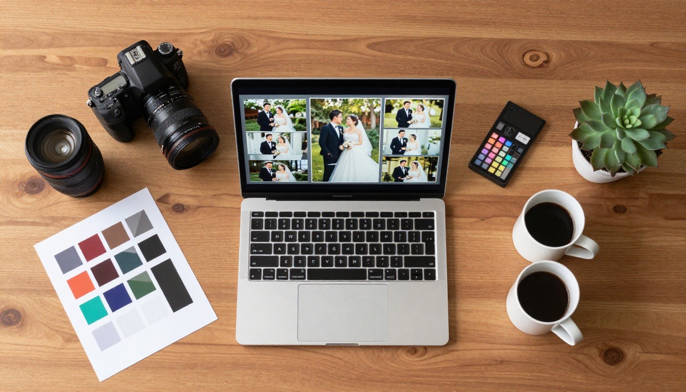 Aerial overhead view of photographer's desk workspace with laptop showing an interactive wedding photo flipbook Aerial overhead view of photographer's desk workspace with laptop showing an interactive wedding photo flipbook
