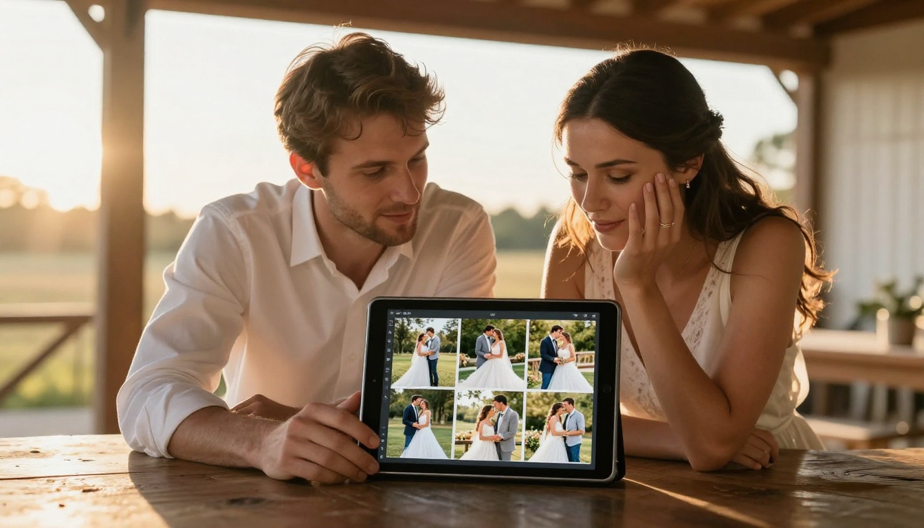 Wedding photographer showing a couple their photos displayed as an interactive digital flipbook on a tablet in a barn venue Wedding photographer showing a couple their photos displayed as an interactive digital flipbook on a tablet in a barn venue