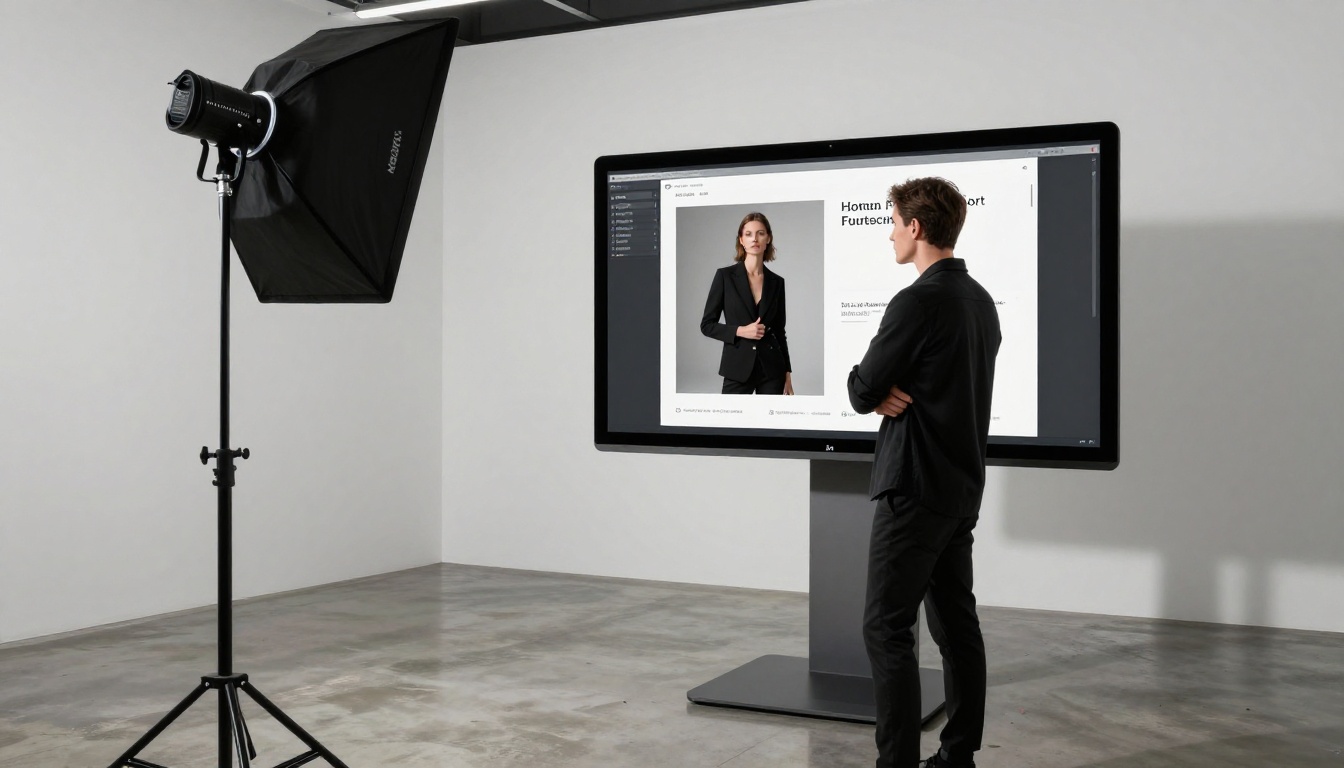 Fashion photographer in black reviewing a digital portfolio flipbook on a large iMac monitor in a white studio Fashion photographer in black reviewing a digital portfolio flipbook on a large iMac monitor in a white studio