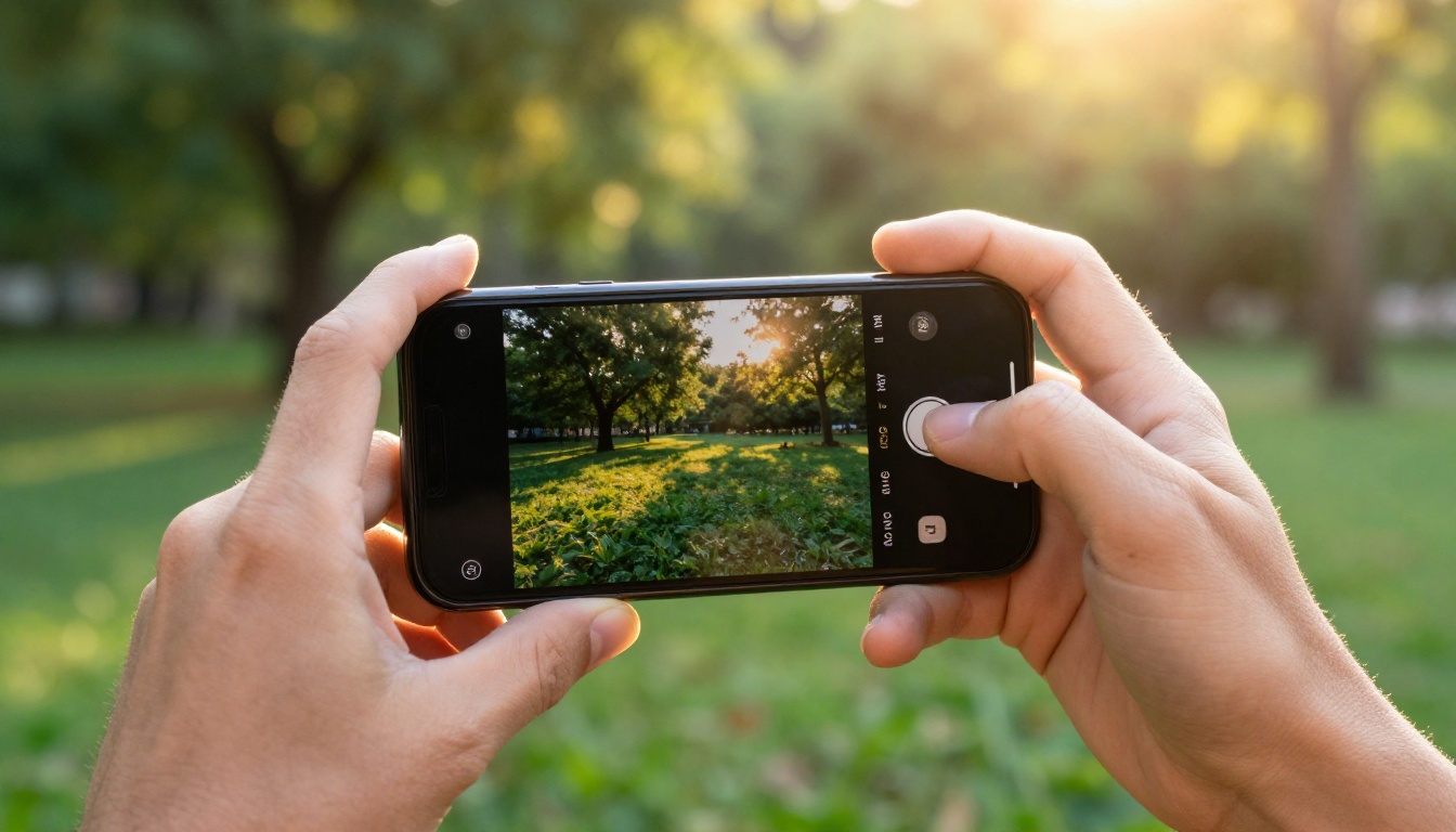 Smartphone held outdoors displaying a photography portfolio flipbook with smooth page-turn animation in golden garden light Smartphone held outdoors displaying a photography portfolio flipbook with smooth page-turn animation in golden garden light