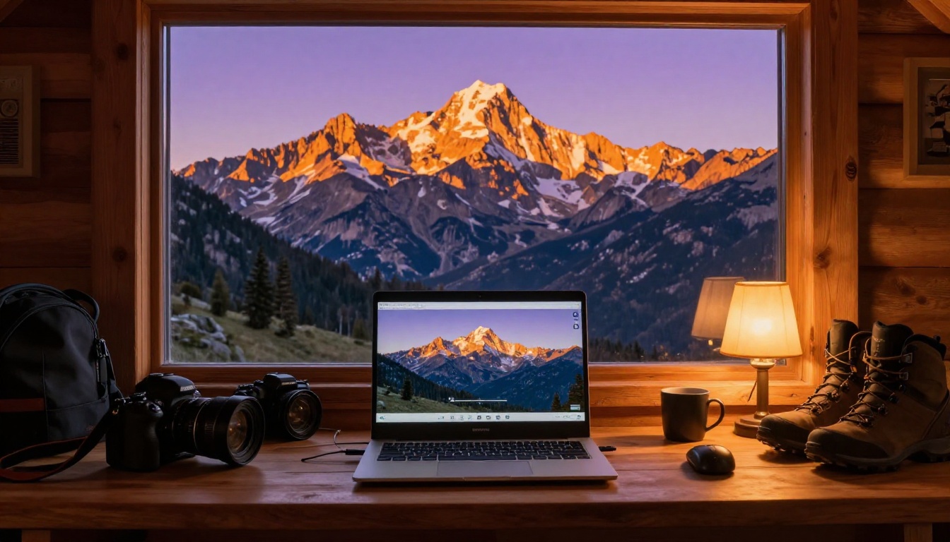 Landscape photographer at a wooden mountain cabin desk uploading photos to create a digital flipbook portfolio Landscape photographer at a wooden mountain cabin desk uploading photos to create a digital flipbook portfolio